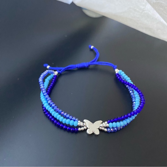 925 Sterling Silver Blue Thread  Butterfly Adjustable Three Layer Bracelet - Picture 7 of 13